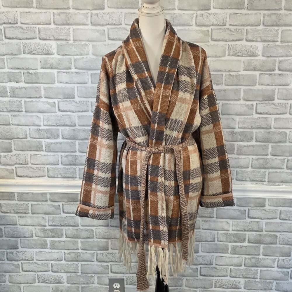 Saltwater Luxe Billie Cardigan Fringe Sweater Plaid NEW Lg Fringe Cabin Cozy